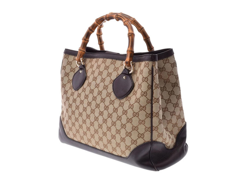 Gucci leather beige handbag brown bamboo canvas GG Tan Brown